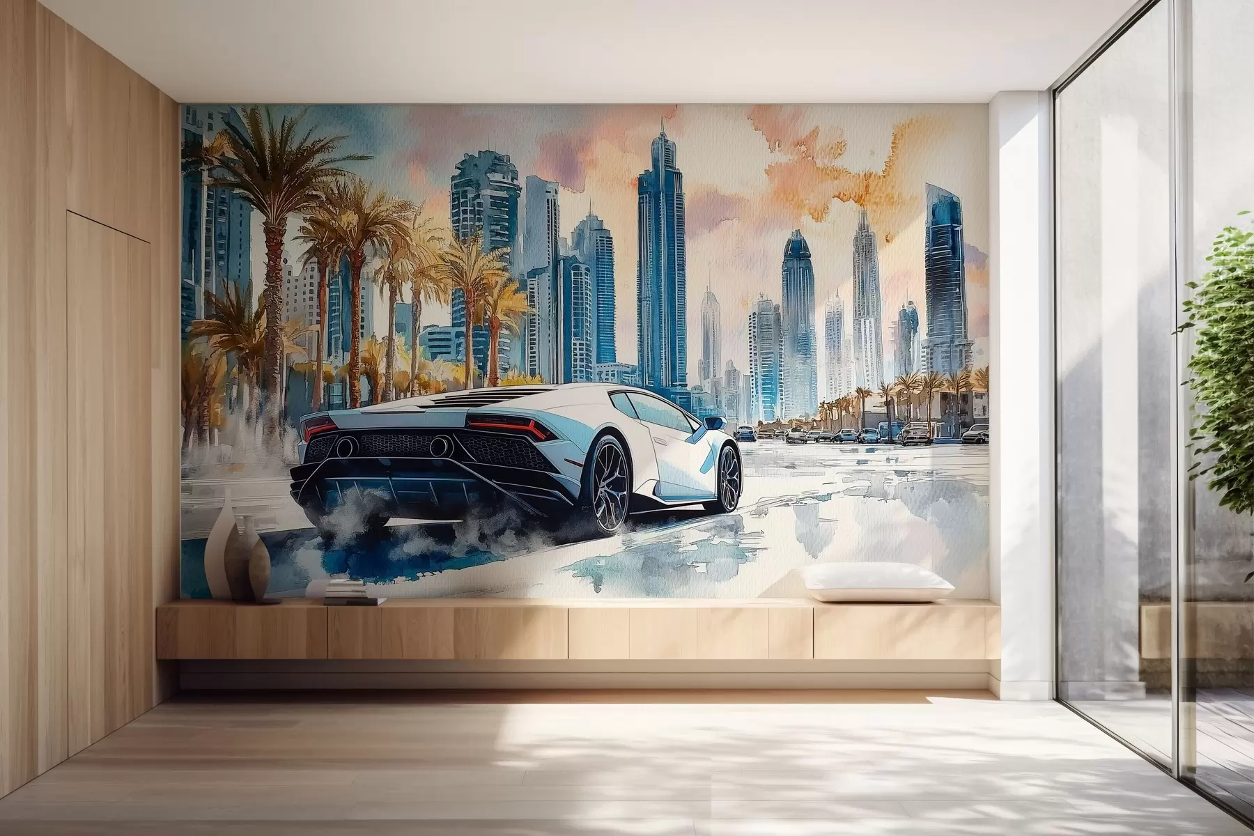 murales de pared Un moderno coche deportivo blanco corriendo sobre un fondo de palmeras y rascacielos en técnica de acuarela libre w01963
