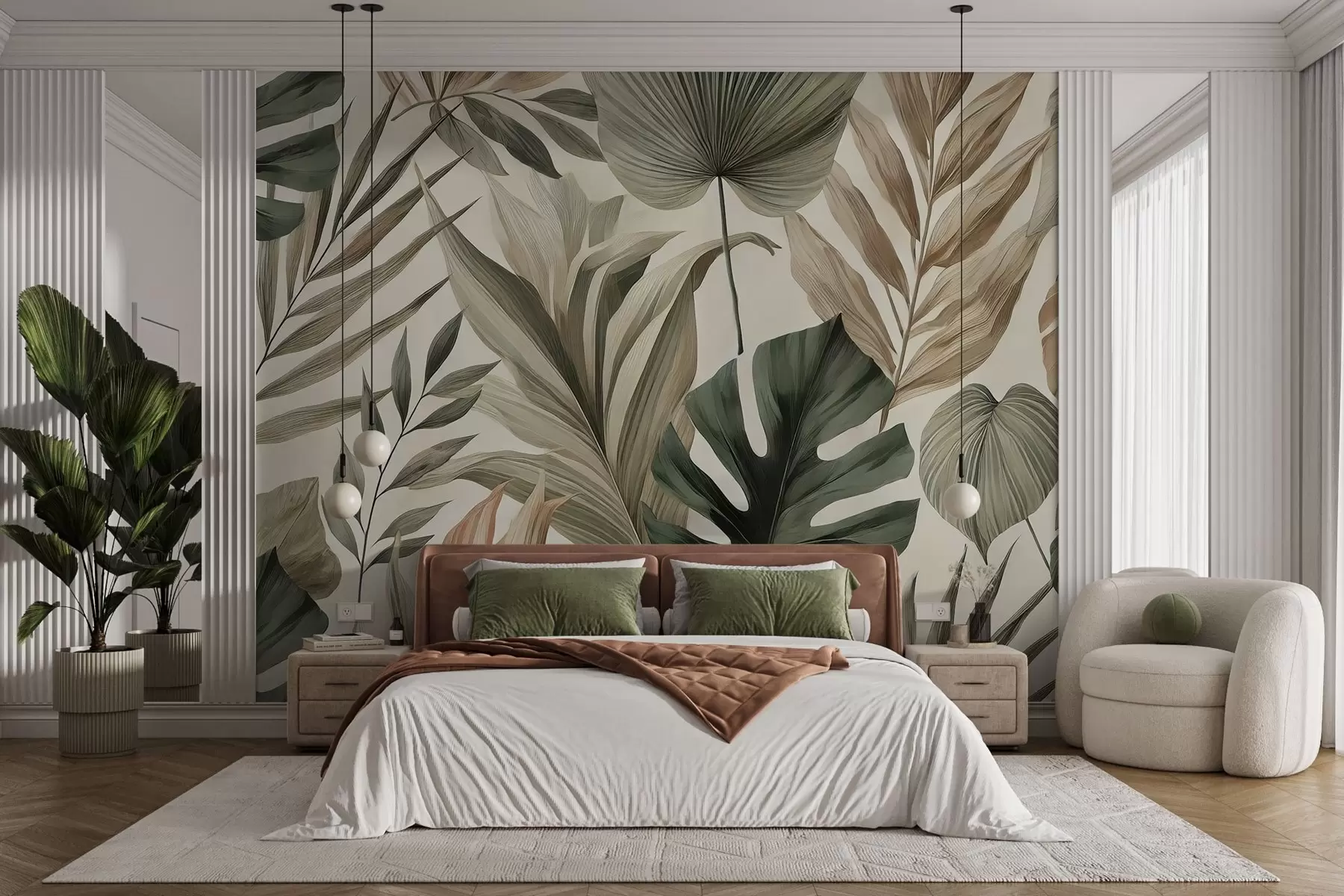murales de pared Grandes hojas tropicales en delicados y sobrios tonos pastel w02082