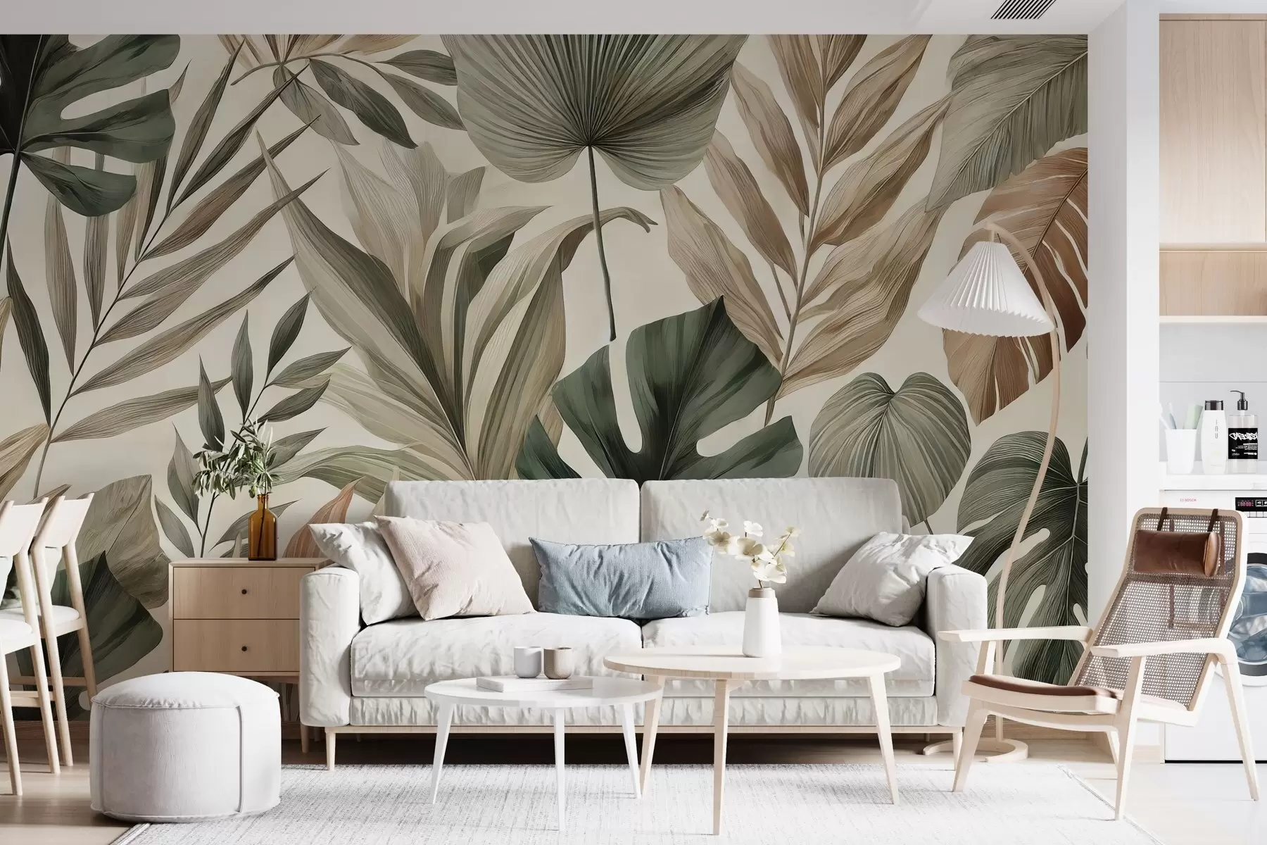 murales de pared Grandes hojas tropicales en delicados y sobrios tonos pastel w02082