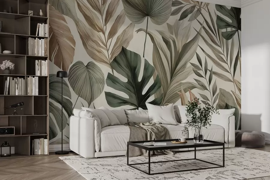 murales de pared Grandes hojas tropicales en delicados y sobrios tonos pastel w02082