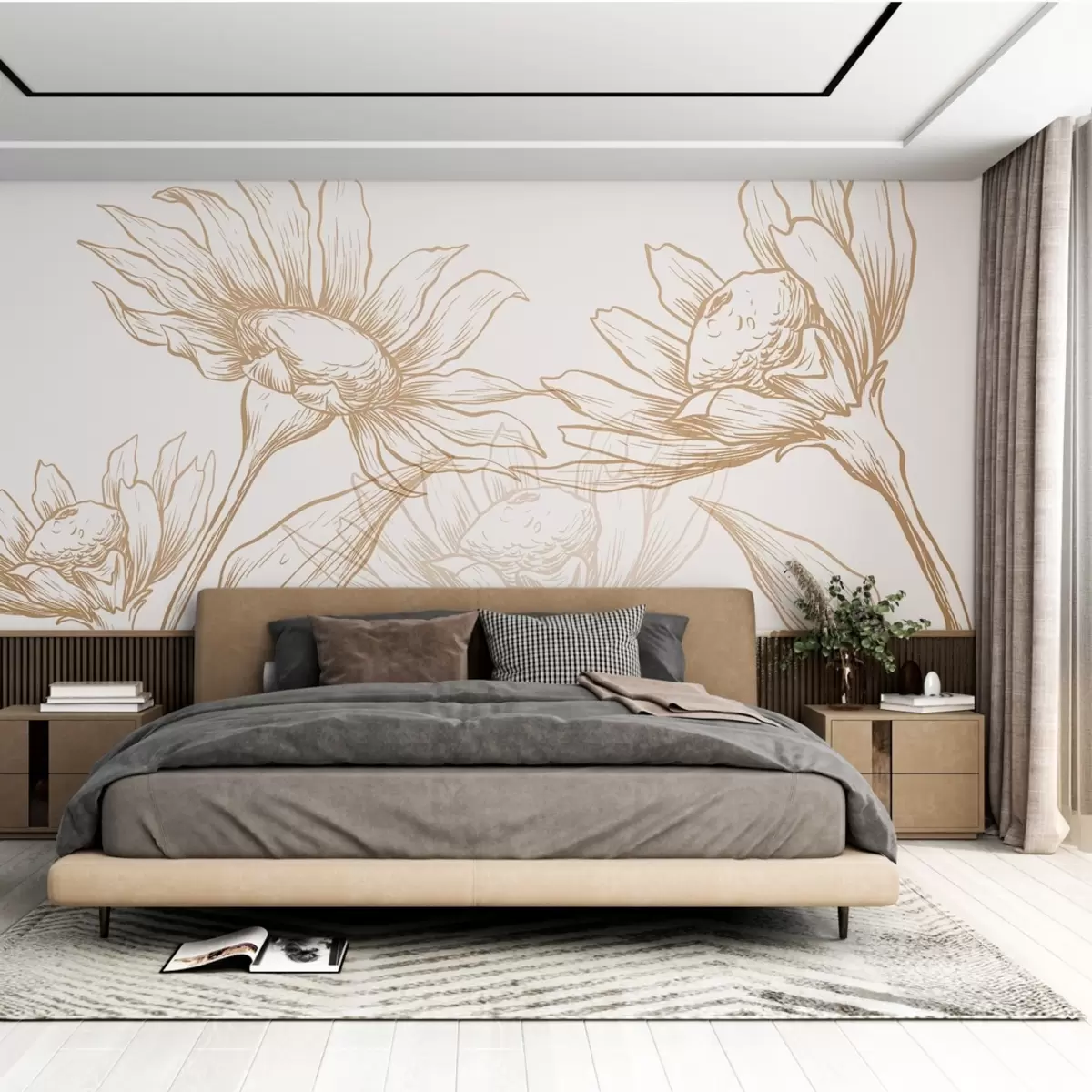 murales de pared Grandes flores de crisantemo, en líneas, en tonos marrones y amarillos w02099v1