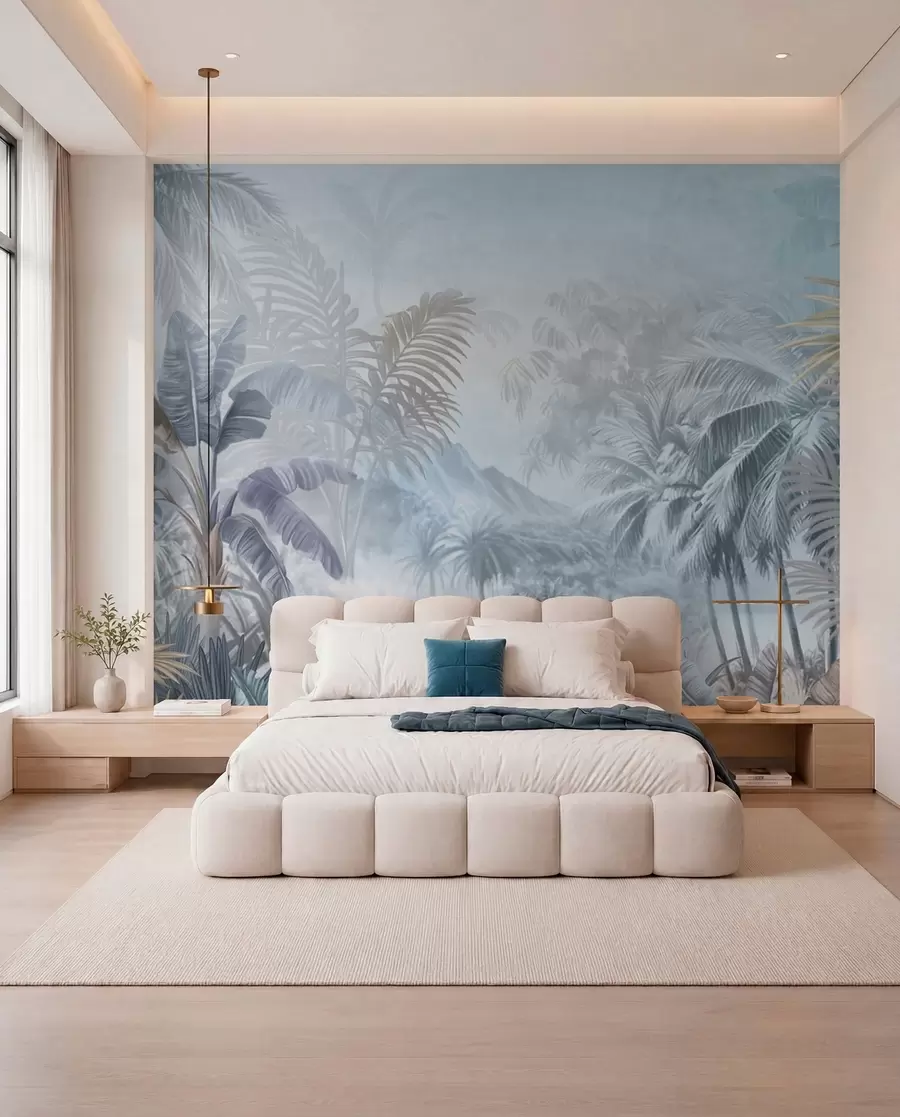 murales de pared Selva tropical en suaves tonos azules w01931