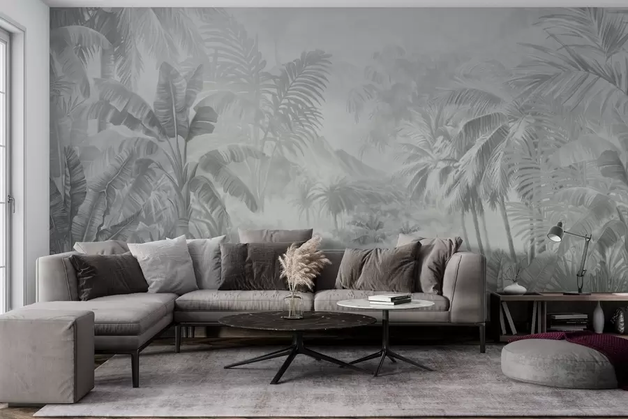 murales de pared Selva tropical en suaves tonos grises w01931v4