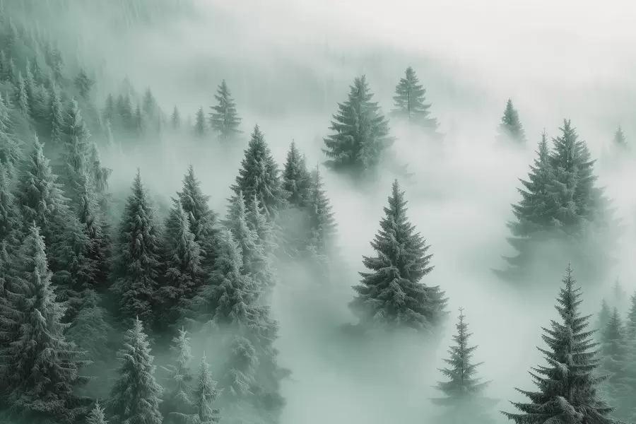 murales de pared Niebla espesa que envuelve un bosque nevado por la mañana en tonos verdes w02064v1