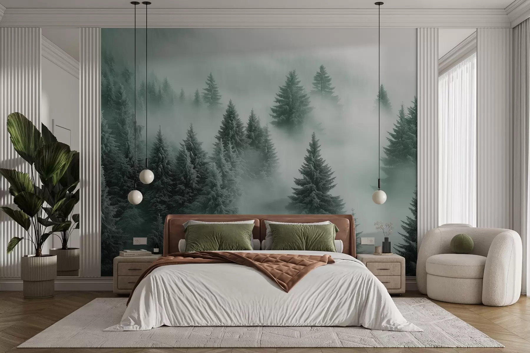 murales de pared Niebla espesa que envuelve un bosque nevado por la mañana en tonos verdes w02064v1