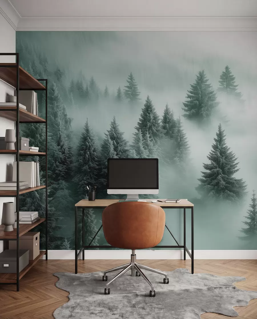 murales de pared Niebla espesa que envuelve un bosque nevado por la mañana en tonos verdes w02064v1