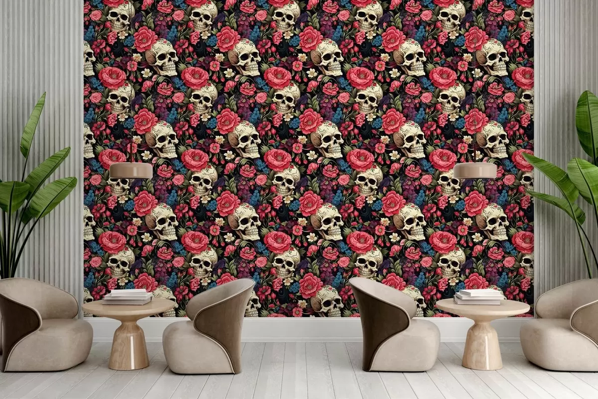 murales de pared Papel pintado místico de estilo retro con motivos de calaveras y flores en tonos rosas sobre fondo oscuro w02084