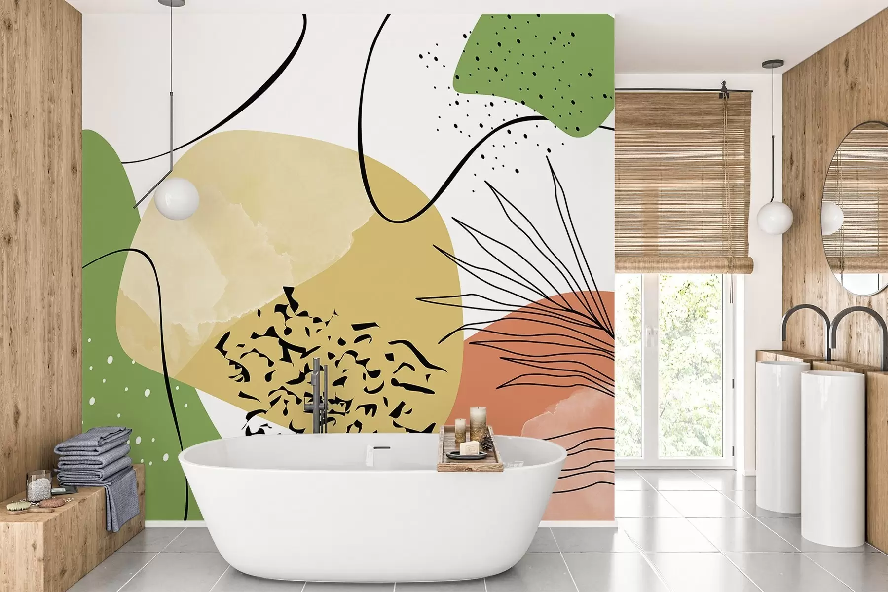 murales de pared Abstracción de manchas y líneas, geométricas, verdes, rojas, amarillas w02168