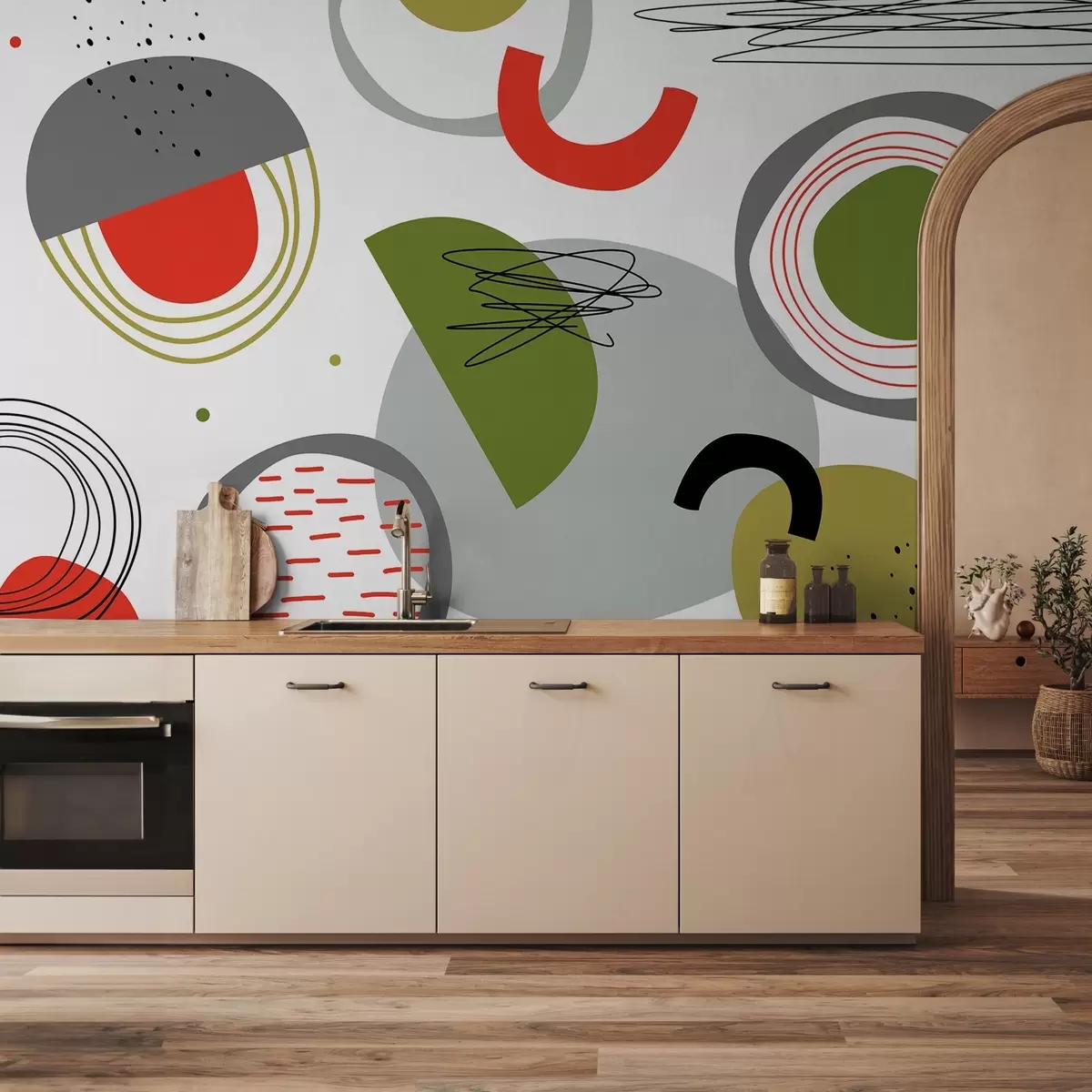 murales de pared Abstracción de formas geométricas y líneas, color verde, gris, rojo w02170