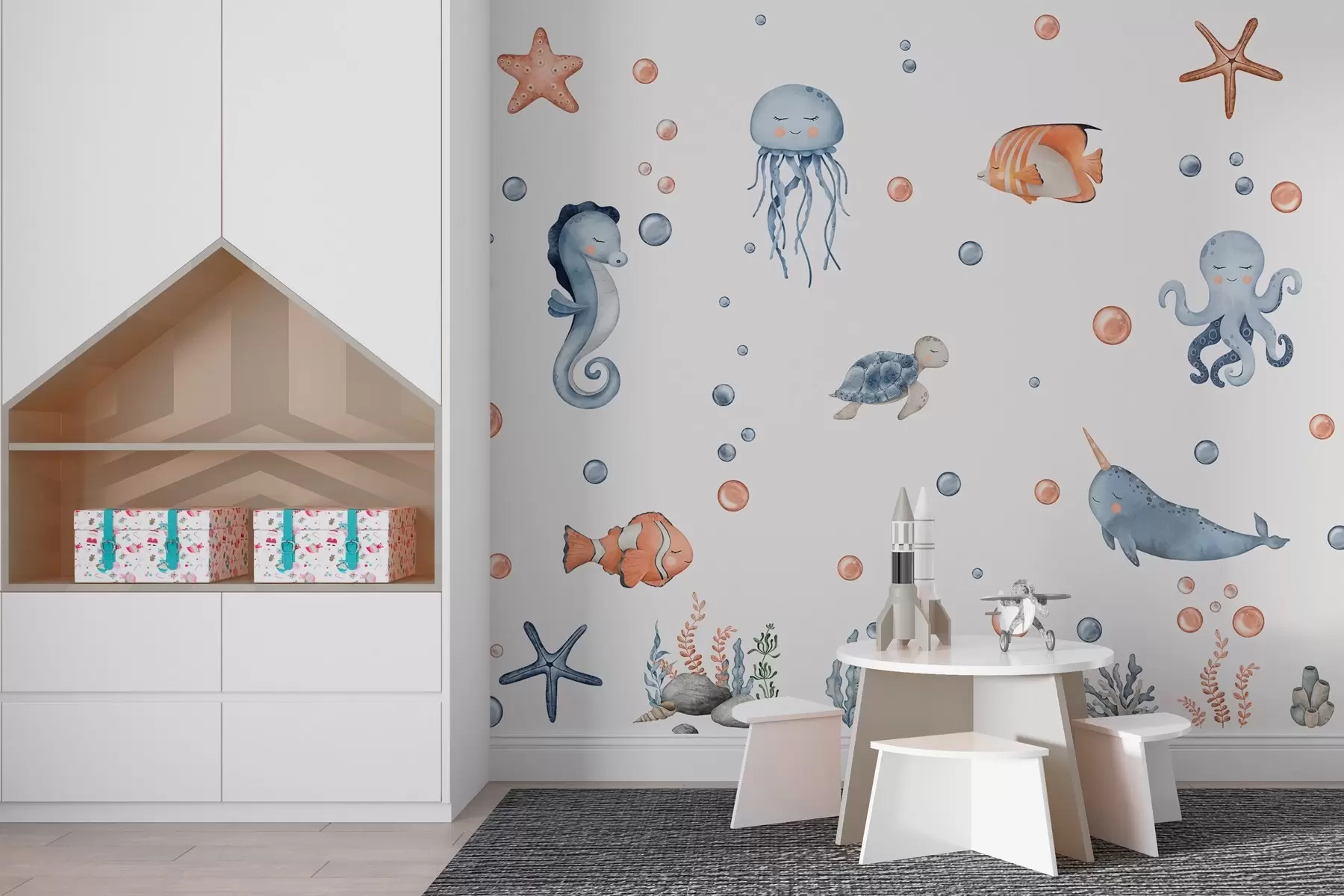 murales de pared Juguetonas criaturas marinas bajo las burbujas w00857