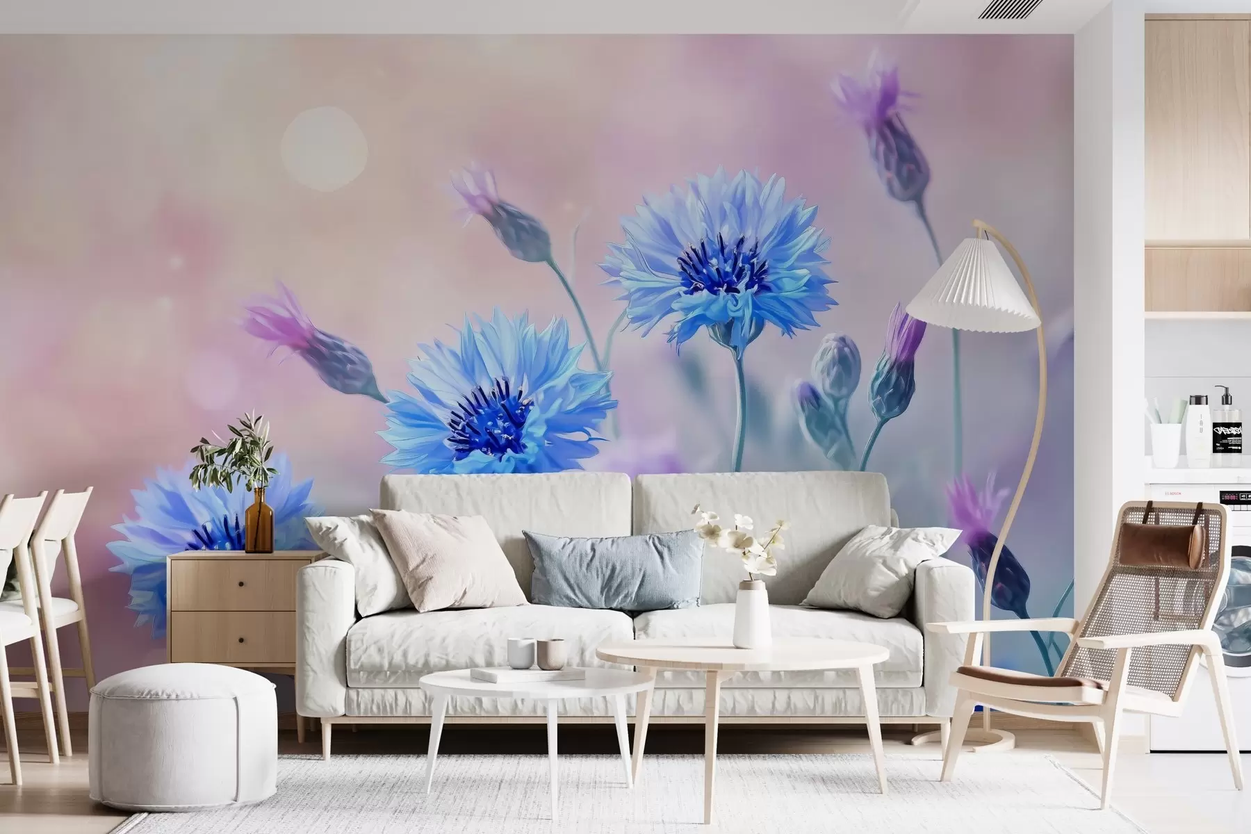 murales de pared Grandes flores de aciano sobre fondo rosa pálido w02124