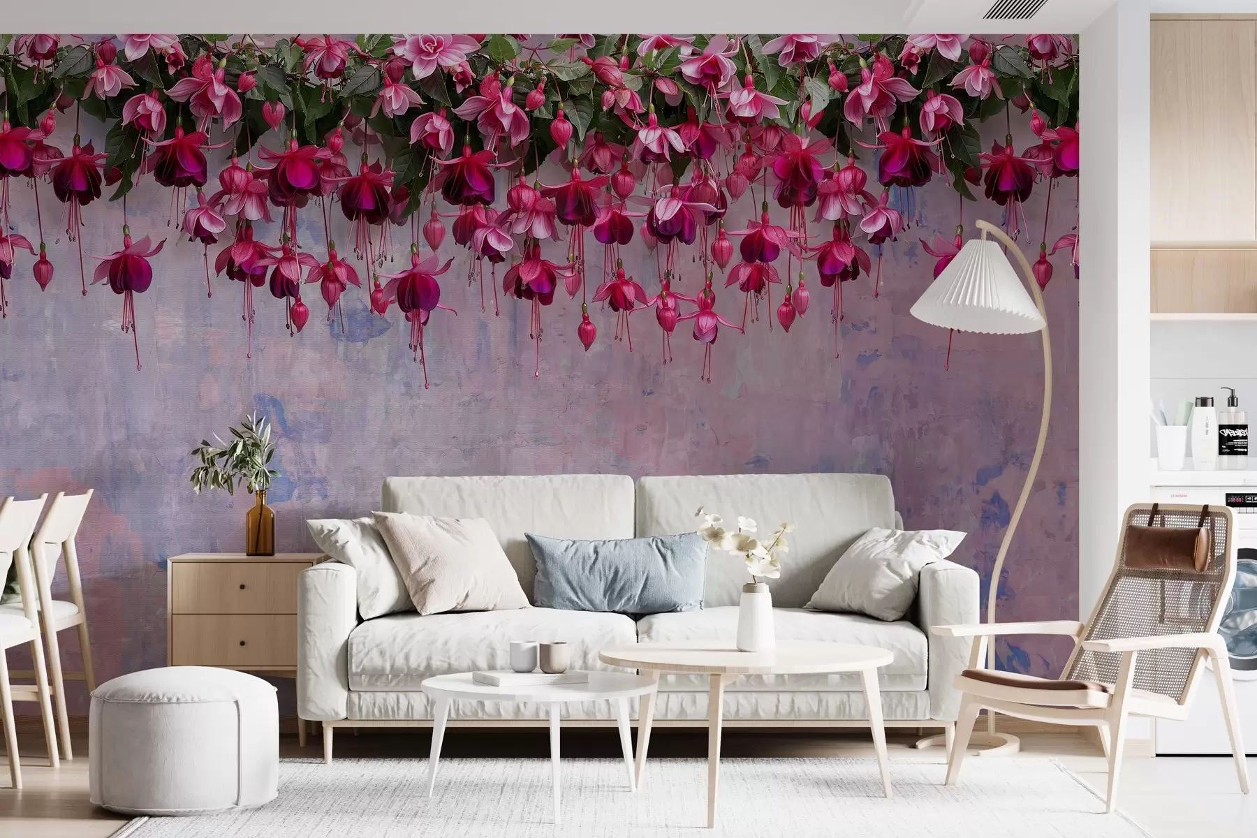 murales de pared Grandes flores fucsias colgando desde arriba sobre el fondo de una pared retro con imitación de rozaduras w02132