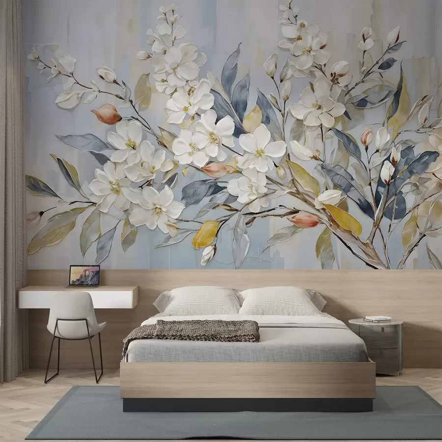 murales de pared Floral de delicadas flores blancas con centros amarillos, rodeadas de exuberantes hojas y ramas verdes w08399v1