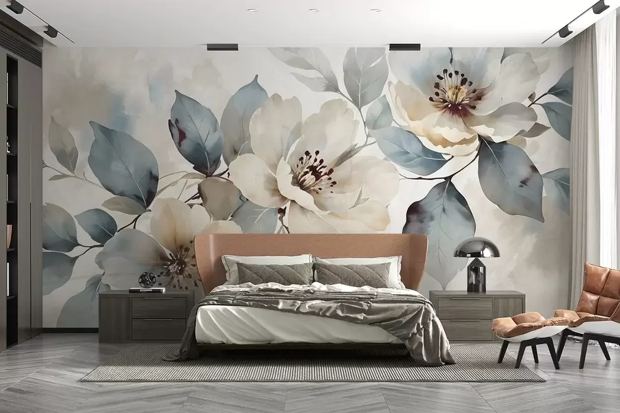 murales de pared Delicado arreglo floral blanco y azul con textura de acuarela, con suaves pétalos y centros w08401