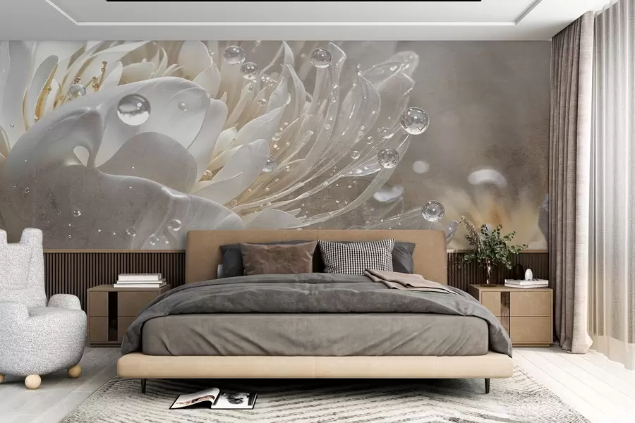 murales de pared Primer plano de una flor de peonía beige con gotas de agua en sus delicados pétalos, creando una atmósfera suave w08402