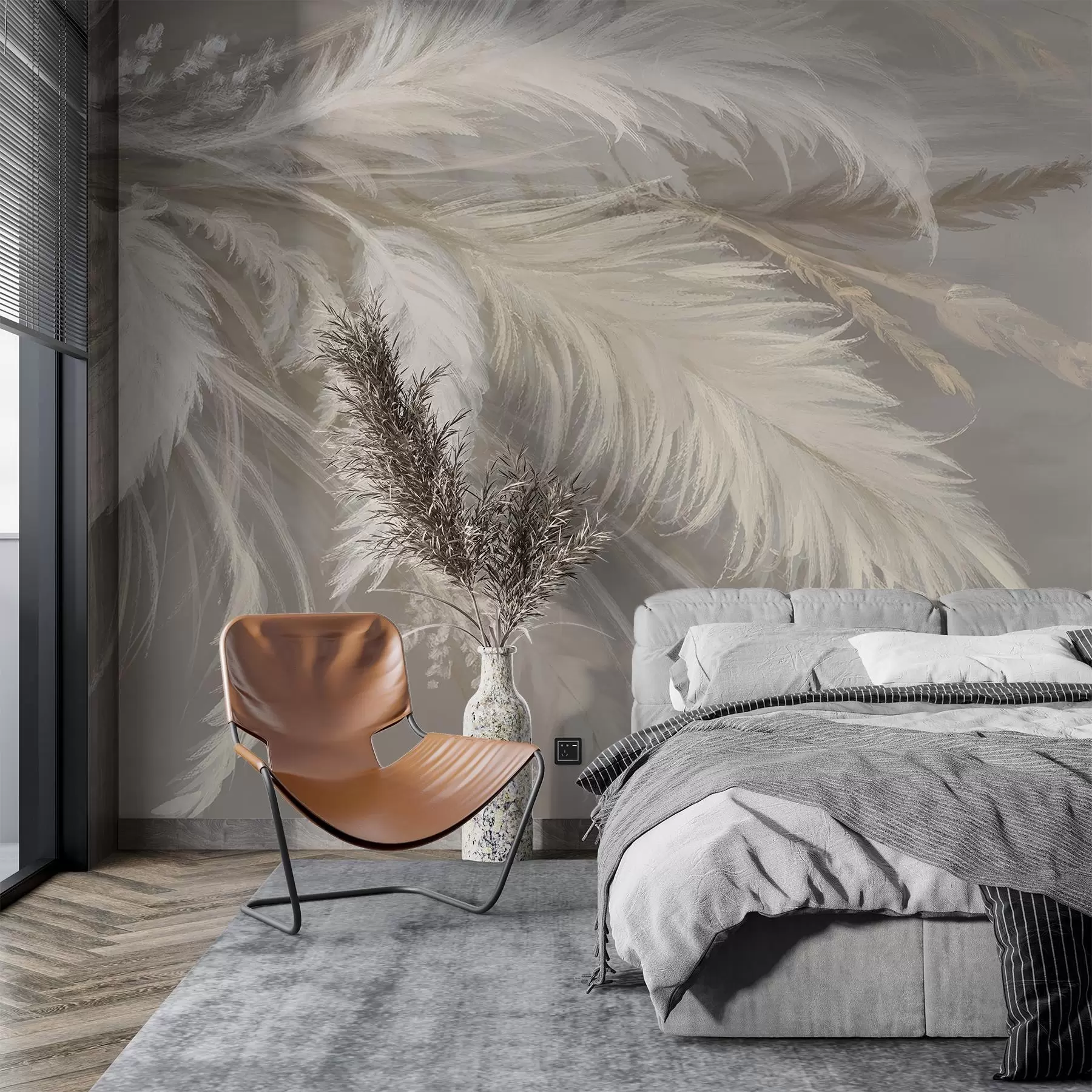 murales de pared Suaves y esponjosas plumas blancas y flores secas sobre un fondo neutro beige pastel w08403