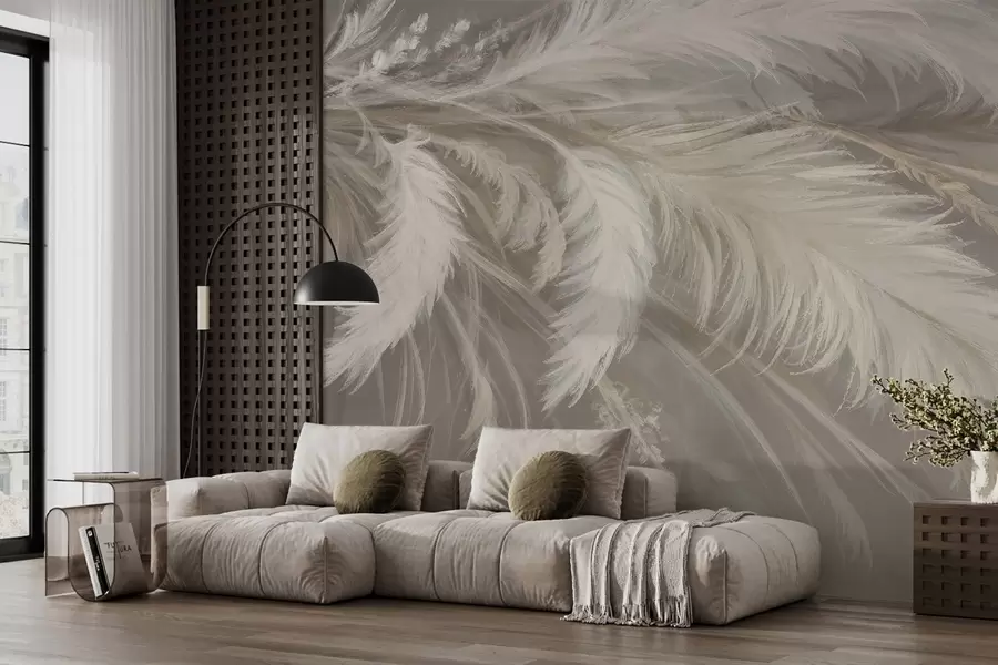 murales de pared Suaves y esponjosas plumas blancas y flores secas sobre un fondo neutro beige pastel w08403