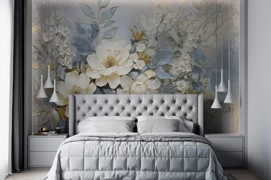 murales de pared Grandes flores blancas y amarillo pálido con hojas gris verdosas sobre un fondo suave y difuminado w08404