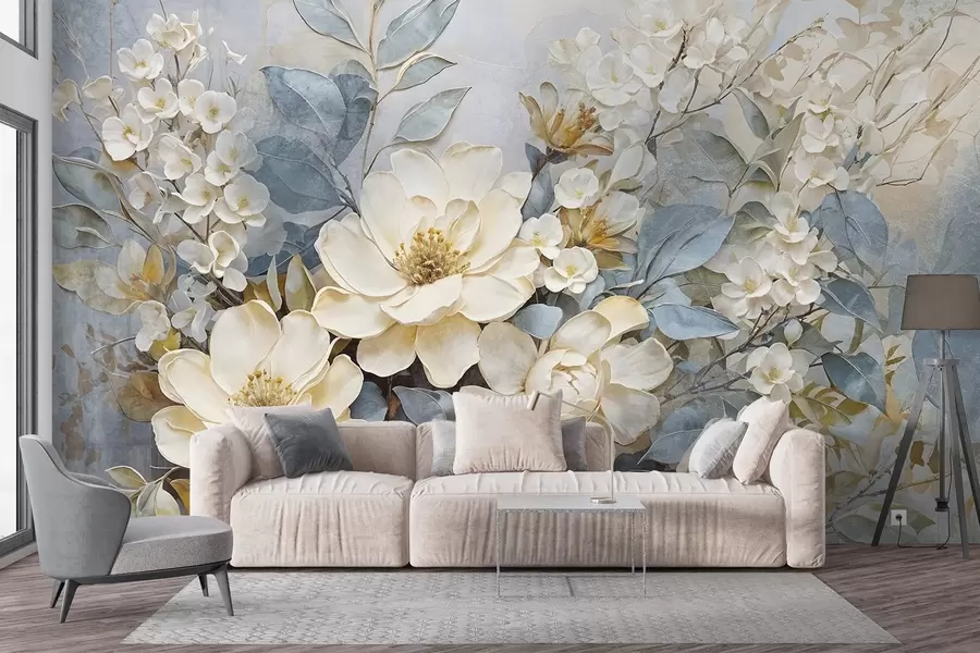 murales de pared Grandes flores blancas y amarillo pálido con hojas gris verdosas sobre un fondo suave y difuminado w08404