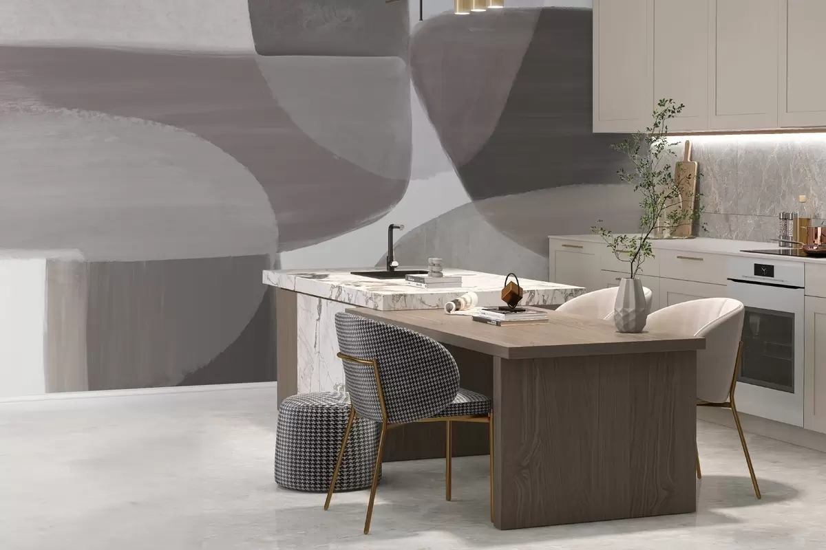 murales de pared Un estampado abstracto monocromo con formas minimalistas superpuestas en tonos grises y beige. w08410v1