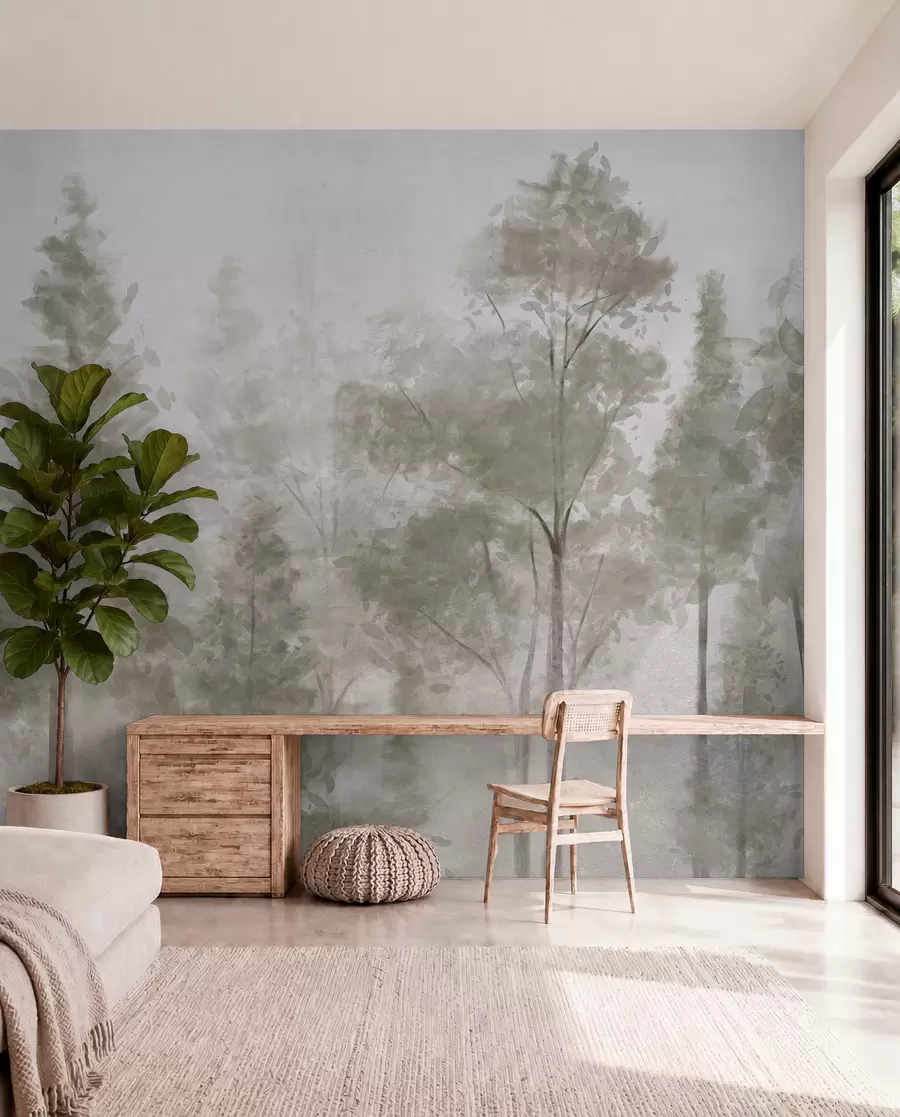 murales de pared Altos pinos texturizados en un bosque brumoso, con una atmósfera neblinosa y brumosa w08411