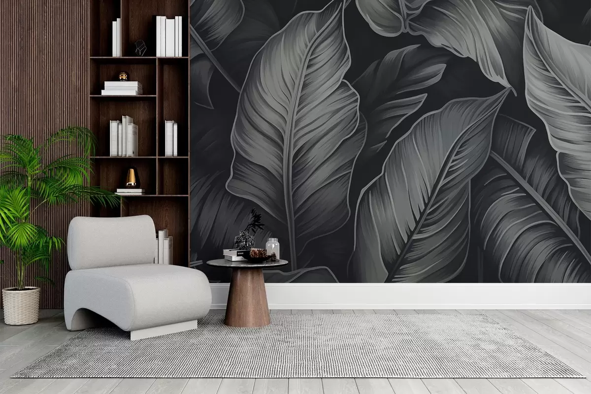 murales de pared Hojas de plátano monocromas w02158
