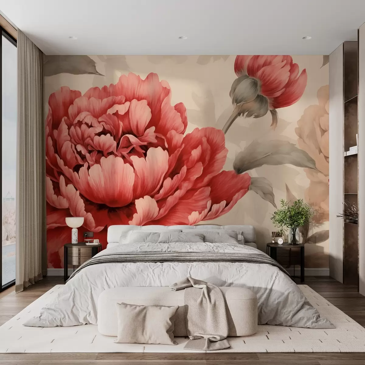 murales de pared Peonías rojas y beige con hojas verdes w02160