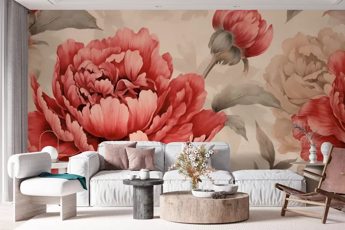 murales de pared Peonías rojas y beige con hojas verdes w02160