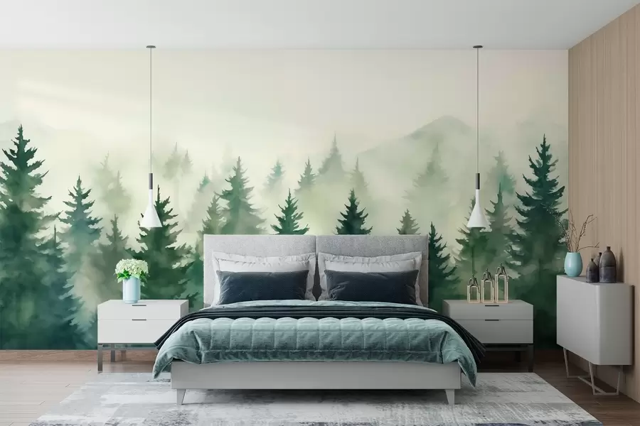 murales de pared Bosque brumoso en suaves tonos verdes w02161