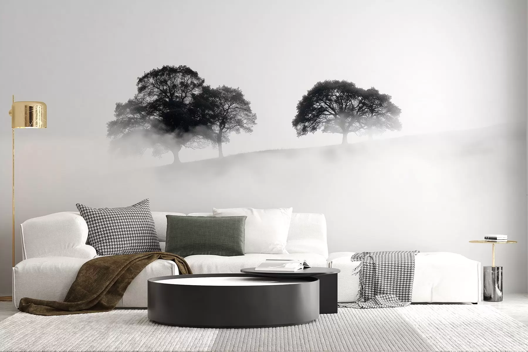 murales de pared Árboles en la colina, minimalismo, naturaleza, blanco y negro w02148
