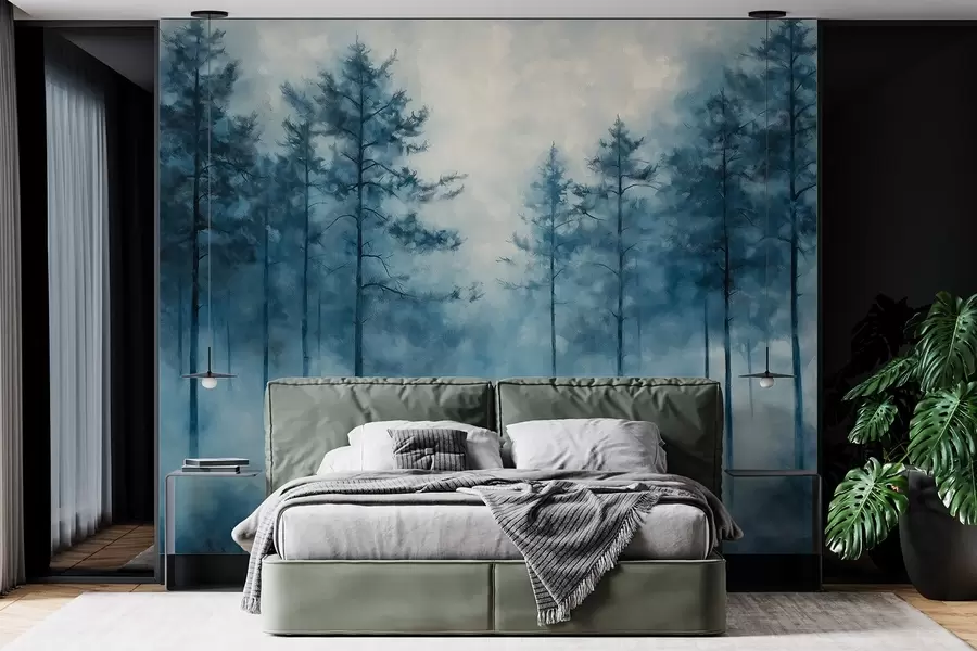 murales de pared Bosque místico, pinos, niebla, pintura acrílica, colores azul oscuro w02149