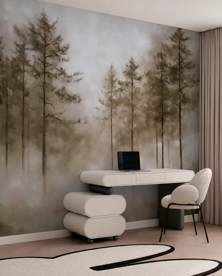 murales de pared Bosque místico, pinos, niebla, pintura acrílica, colores beige w02149v1