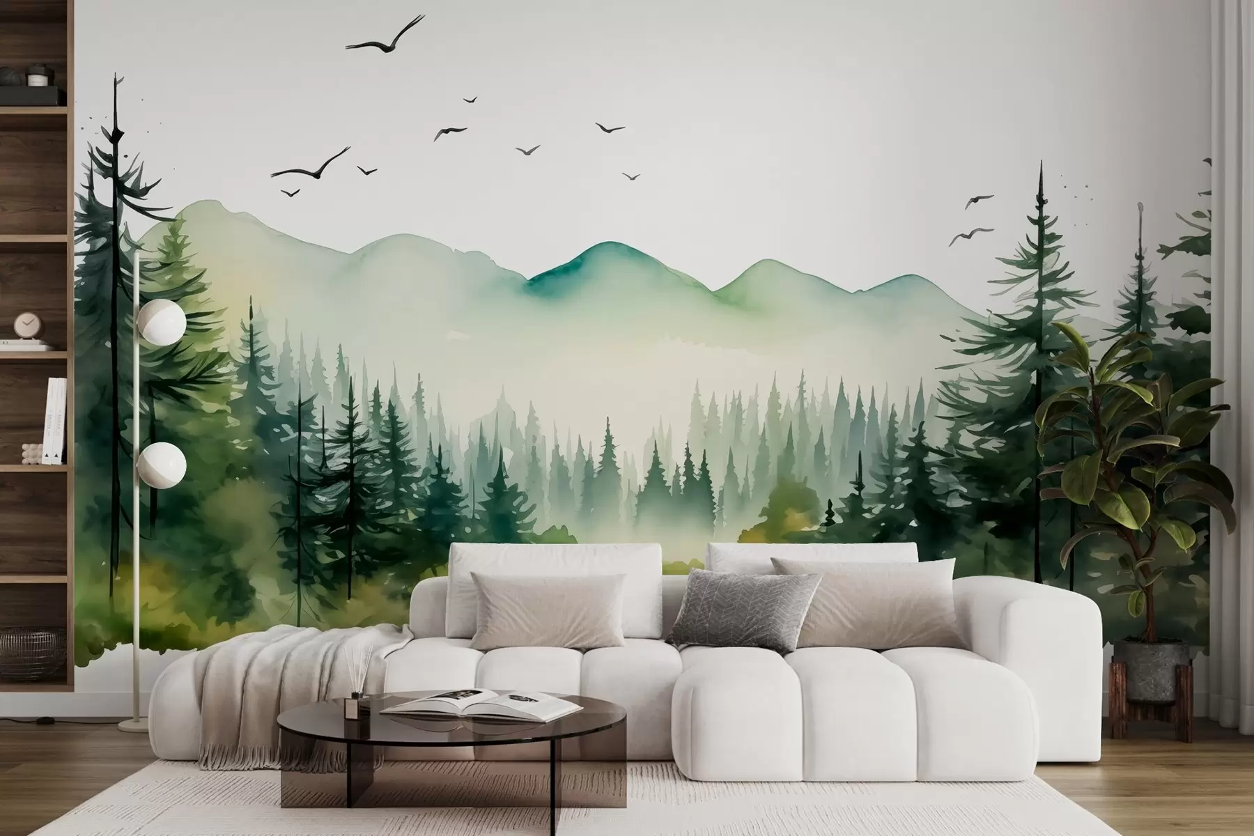 murales de pared Paisajes de bosque y montaña en acuarela, paleta de colores verdes  w02150