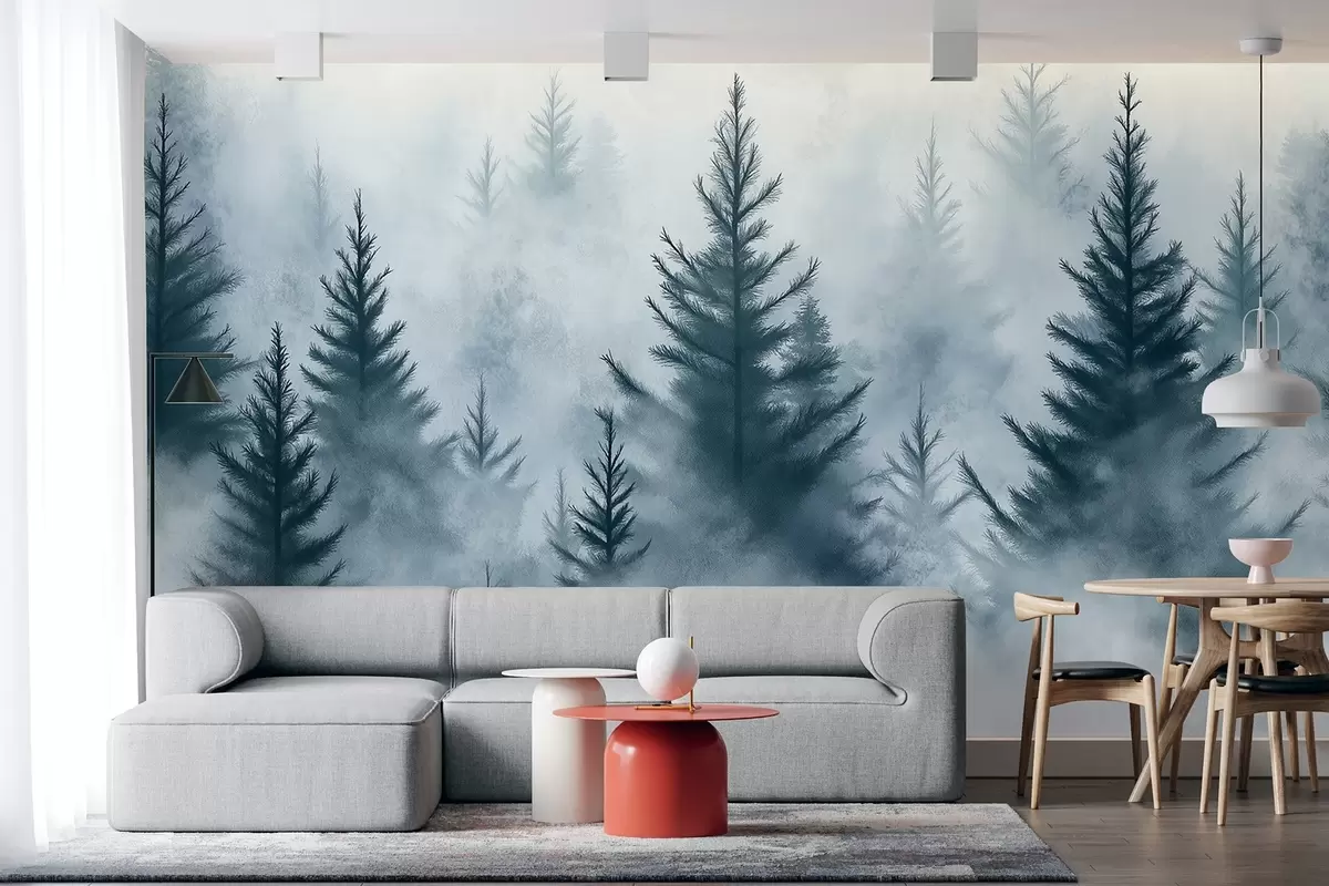 murales de pared Bosque en la niebla, pinos, acuarela, colores azules w02152