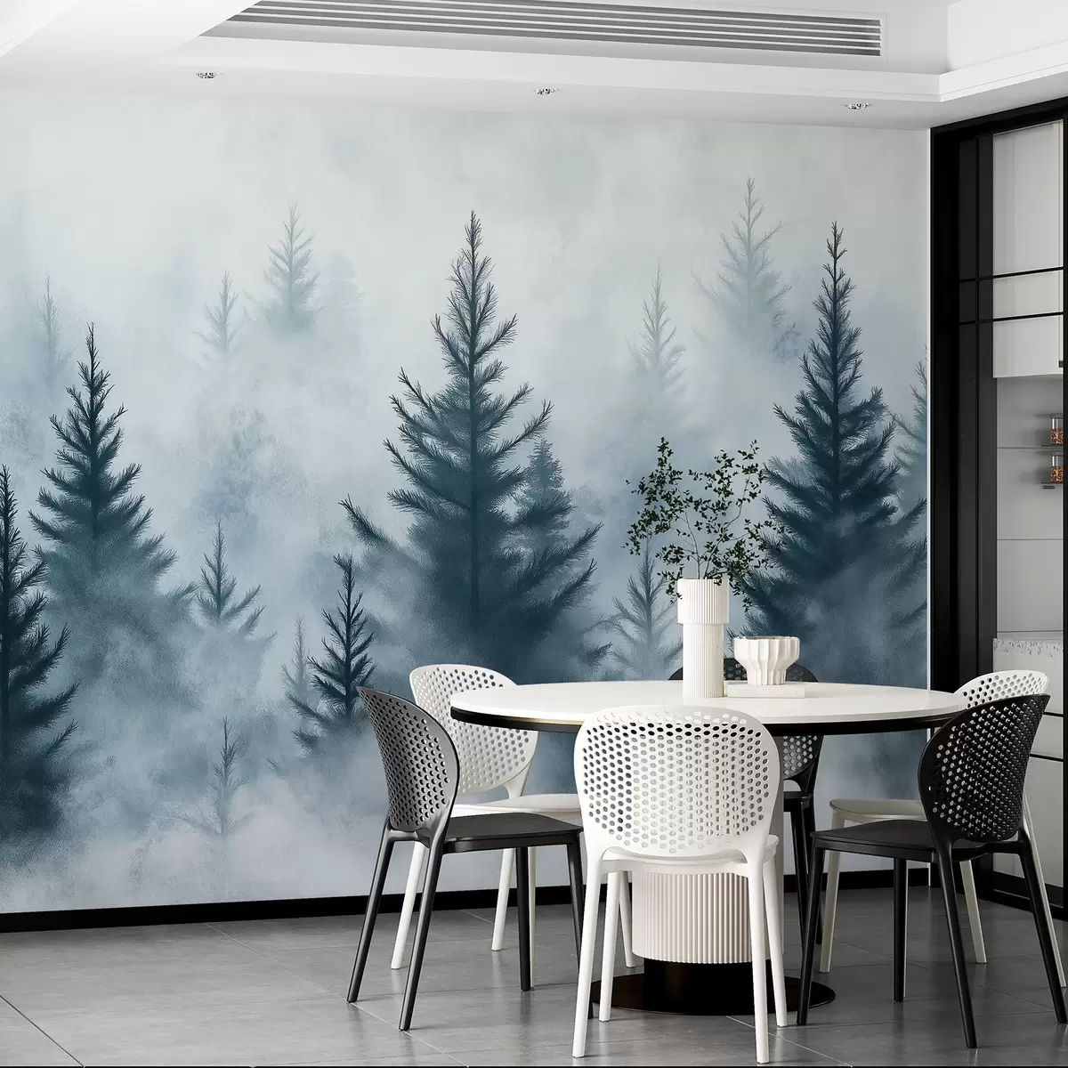 murales de pared Bosque en la niebla, pinos, acuarela, colores azules w02152
