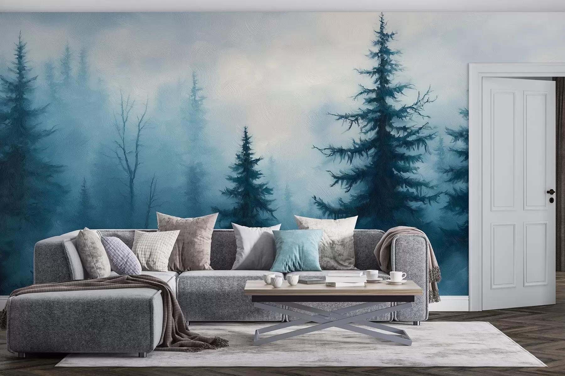 murales de pared Bosque azul oscuro, pintura al óleo, pinceladas, naturaleza w02153