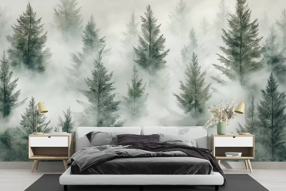 murales de pared Hermoso bosque con pinos, niebla, paisajes de naturaleza, colores verdes w02222