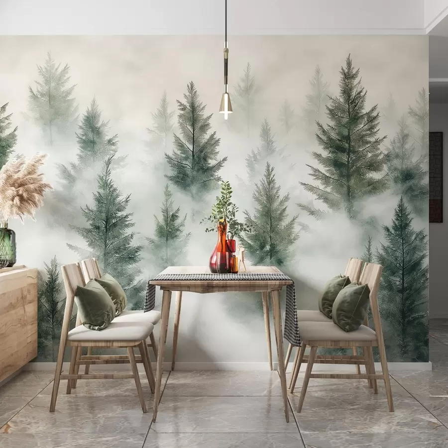 murales de pared Hermoso bosque con pinos, niebla, paisajes de naturaleza, colores verdes w02222