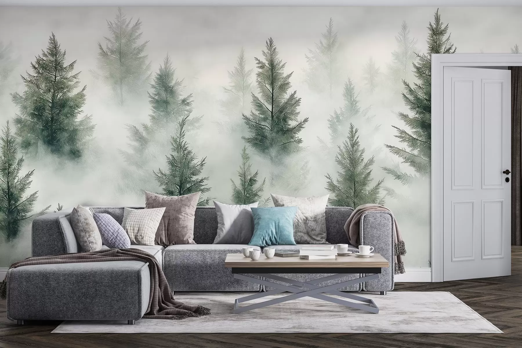murales de pared Hermoso bosque con pinos, niebla, paisajes de naturaleza, colores verdes w02222
