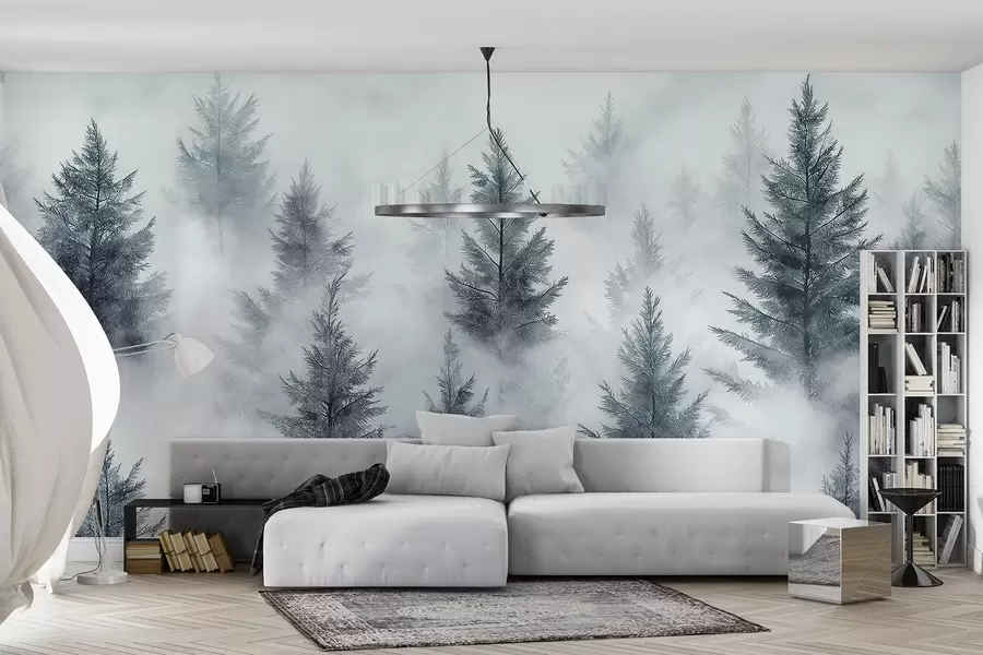 murales de pared Hermoso bosque con pinos, niebla, paisajes de naturaleza, colores grises w02222v2