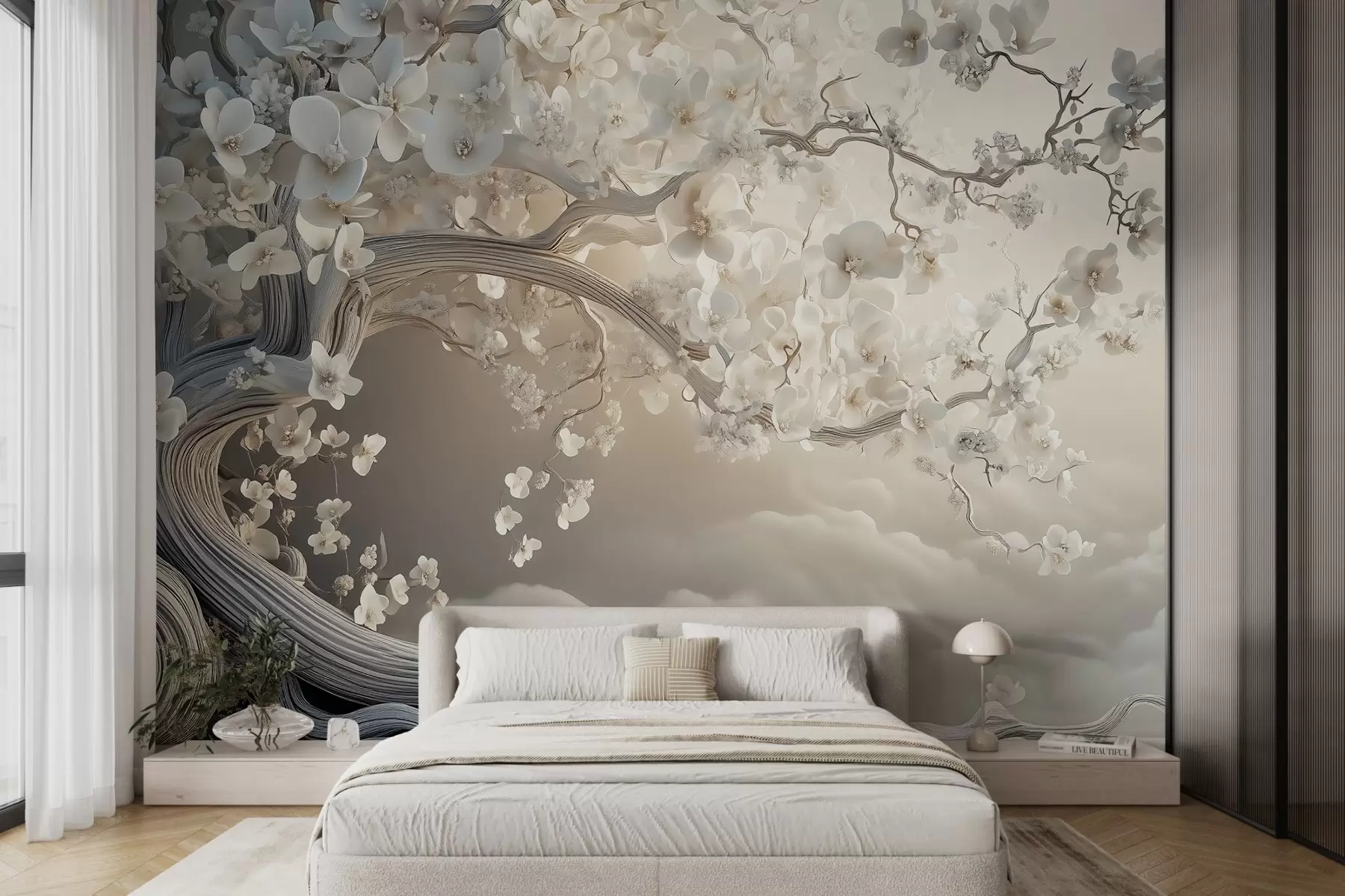 murales de pared Un árbol encantador con flores blancas contra el fondo de nubes en un estilo interesante en delicados colores cálidos w02133