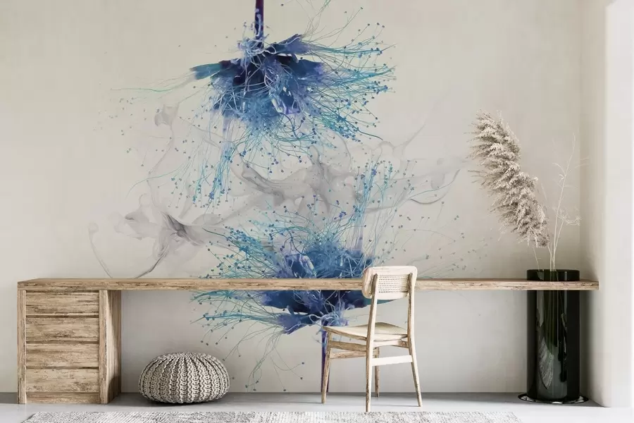 murales de pared grandes flores azules en primer plano sobre un fondo de humo  w02137v2