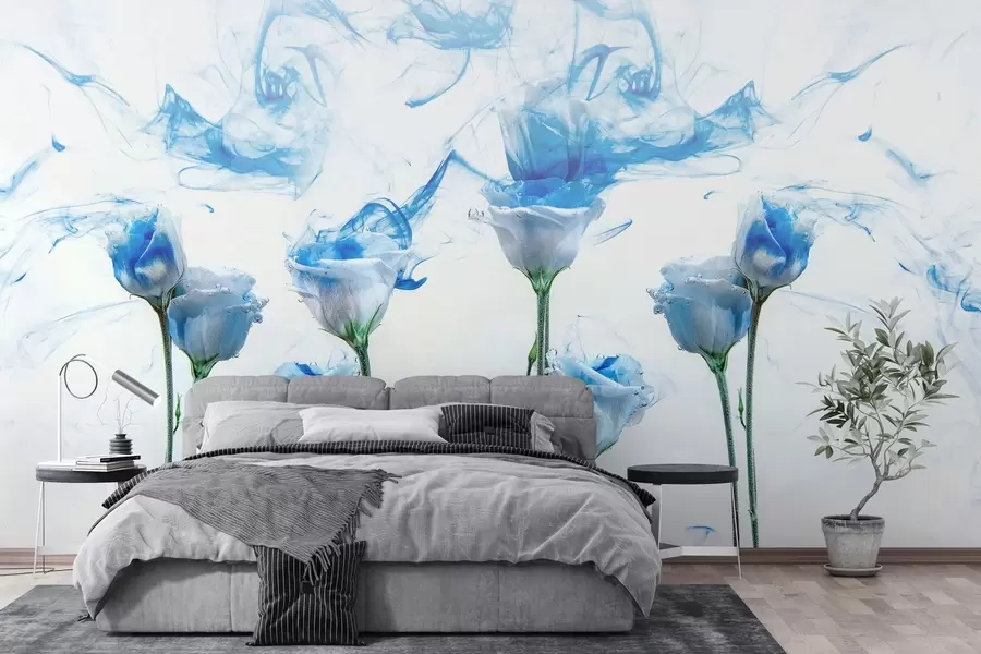 murales de pared Rosas blancas bajo el agua sobre fondo blanco con vetas de pintura acrílica azul. w02139