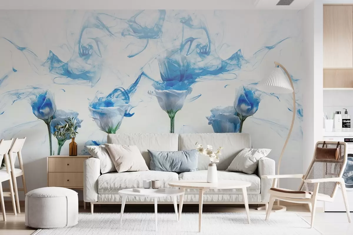 murales de pared Rosas blancas bajo el agua sobre fondo blanco con vetas de pintura acrílica azul. w02139