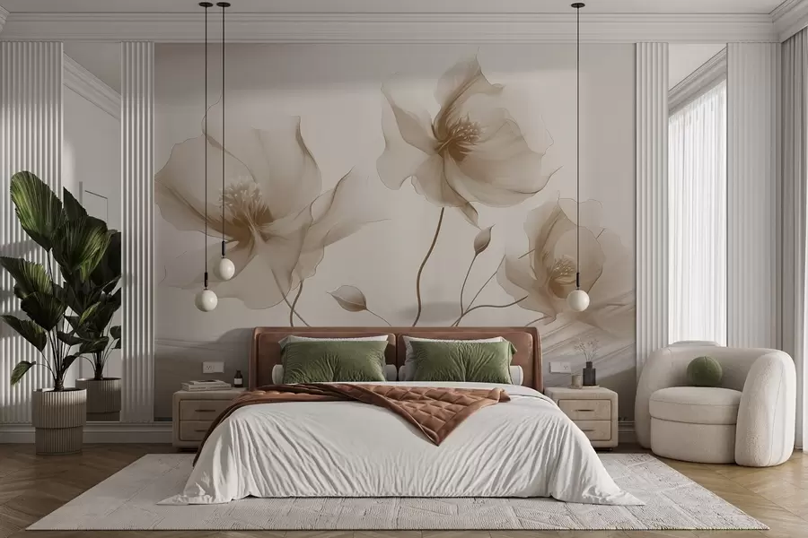murales de pared Tres graciosas flores de pétalos translúcidos, entrelazadas con cintas de luz y viento en tonos beige w01932