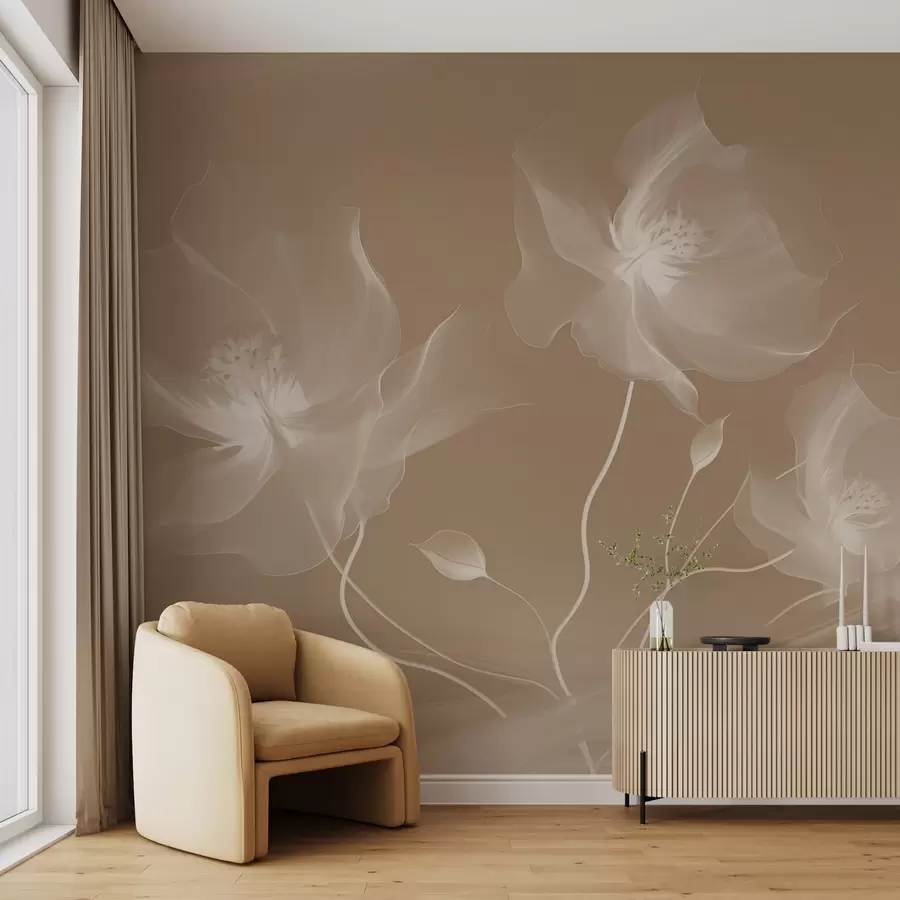 murales de pared Tres graciosas flores de pétalos translúcidos, entrelazadas con cintas de luz y viento en sepia w01932v1