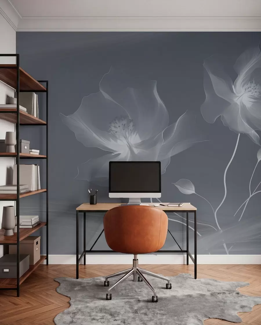 murales de pared Tres gráciles flores de pétalos translúcidos, entrelazadas con cintas de luz y viento en tonos azules w01932v2