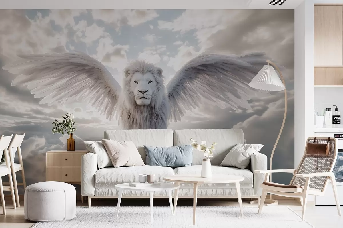 murales de pared Majestuoso león blanco con una hermosa y exuberante melena blanca y alas contra el cielo en colores grises w02144v1