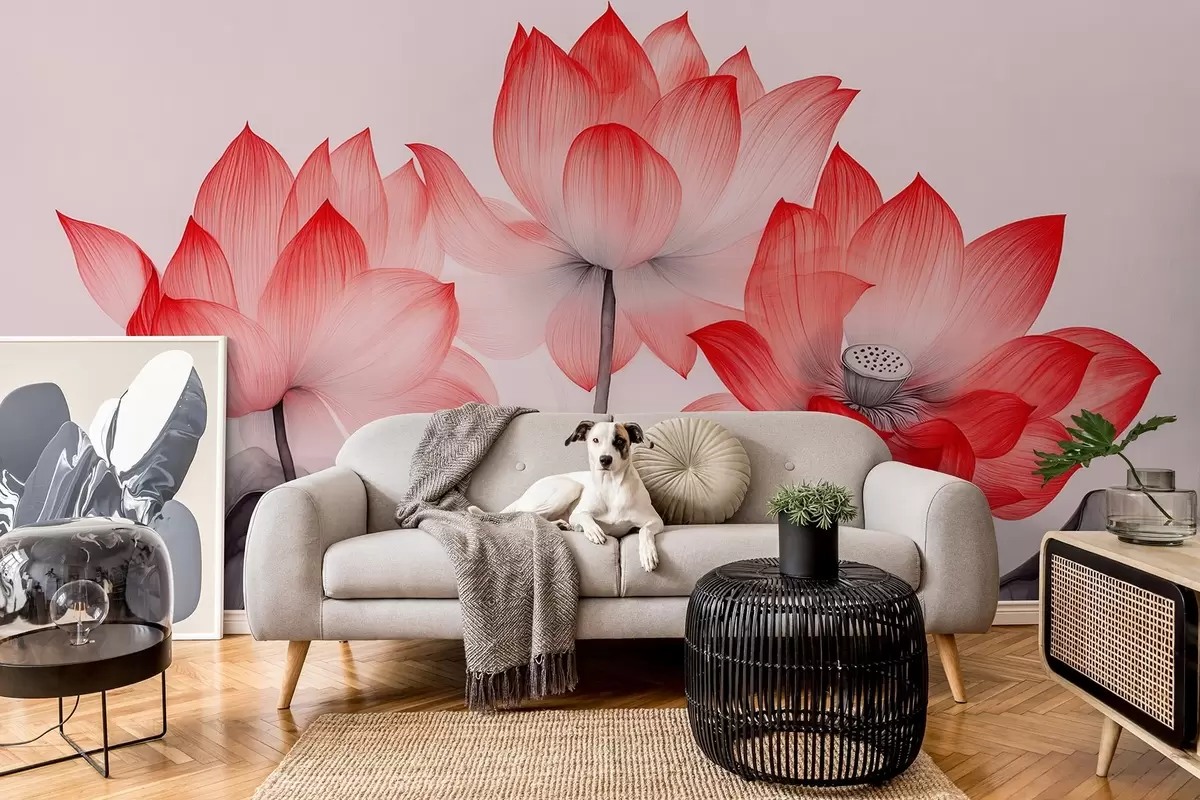 murales de pared Tres flores de loto rojas en estilo de pintura china w02146