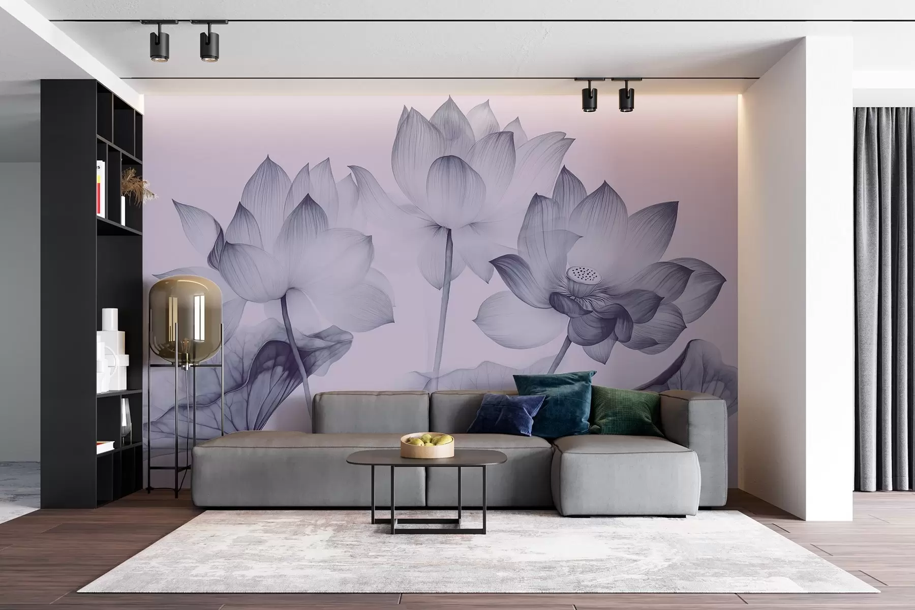 murales de pared Tres lotos con hojas al estilo de la pintura china en color azul w02146v2